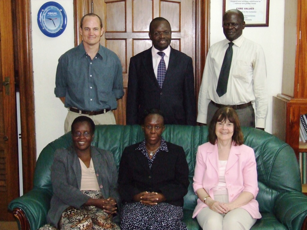 Standing L-R Mr. Neil Butcher, OER Africa Strategist, Prof. V. Baryamureeba Ag. VC, Mr. Tito Okumu, E-learning Manager. Sitted L-R Dr. J. Aguti, Director, IACE, Prof. L. Tibatemwa-Ekirikubinza, DVC-AA & Prof. Ann Floyd, Former Pro-VC Open University,UK.