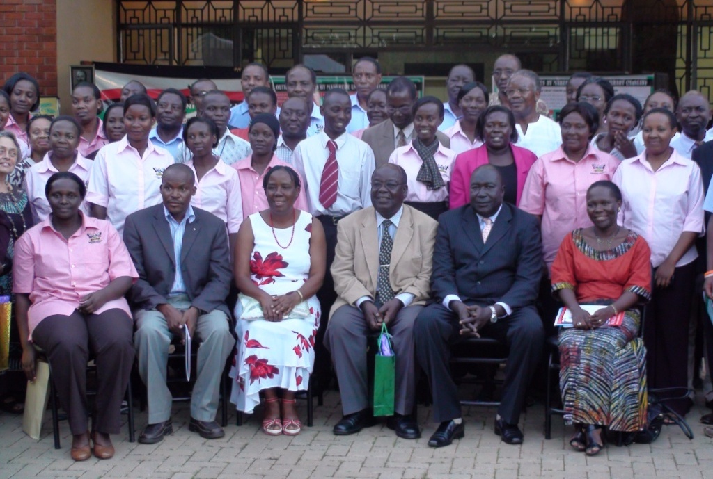 Makerere University Library Staff and Guests pause with University Librarian Prof. M. Musoke (Front-3rd L) and Prof. A.B. Kasozi (Front-4th L) at the 2010 Celebrations