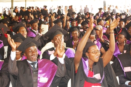 Students of Law upon being pronounced Graduates jubilate at the 62nd Graduation of Makerere University 16th January 2012