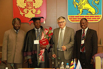 L-R Prof. S.S. Tickodri-Togboa, Prof. Tom Otiti, Prof. N.A. Shapovalov and Assoc Prof. B. Nawangwe at Belgorod 4th October 2012