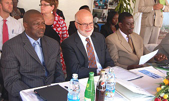 L-R Mr. Musa Bungudu,Country Director-UNAIDS, H.E. Ambassador Scott DeLisi, U.S. Ambassador to Uganda, Mr. Cyriaco Kabagambe, Dean of Students, Makerere University at the SMC Launch, 11th December 2012, Makerere University Hospital,Kampala Uganda