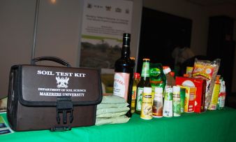 The Soil Test Kit, Omulondo Liquor, Canned Katunkuma, Goosebery Jam, and Banana Juice are some of the products drawing crowds to the Makerere stall at the 6th AASW, 15-20th July 2013, Accra Ghana