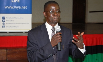 Professor Edward Kirumira, Principal, CHUSS delivers his address at the Public Lecture organised in conjunction with the World Youth Alliance (WYA) on 17th Sept 2013, Main Hall, Makerere University, Kampala Uganda