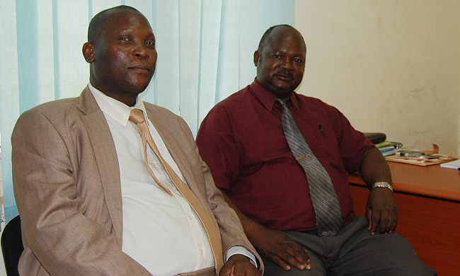 L-R: Dr. Ndebele Clever, Director, Centre for Higher Education Teaching and Learning, University of Venda and Assoc. Prof. Peter Neema Abooki of the College of Education and External Studies (CEES), during the former's visit on 5th December 2013, Makerere University, Kampala Uganda