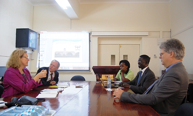 Prof. Eva Akesson, VC Uppsala (L), Prof. Stefan Swartling Peterson (2nd L), Prof. Edward Kirumira (2nd R) and Dr Peter Sundin during the visit to CHUSS on 29th Nov 2013, Makerere University, Kampala Uganda