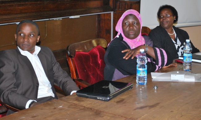 L-R: Mr. Kaka Sudesh, Chair BoT MURBS Hajjati Fatumah Nakatudde and Mrs Edna Rugumayo at the second MURBS retirement planning sensitization seminar 18th March 2014, Makerere University, Kampala Uganda