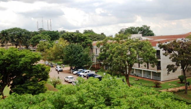 An elevated view of the Main Library, with the Observatory Hill in the background, Makerere University, Kampala Uganda