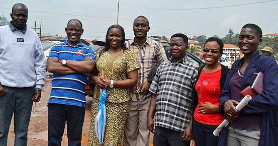 L-R: DVCAA-Dr. Ernest Okello Ogwang and DVC (F&A) Prof. Barnabas Nawangwe with Makerere Staff Members during Justice Owiny Dollo's tour of disputed Katanga Land, 21st June 2014, Makerere University, Kampala Uganda