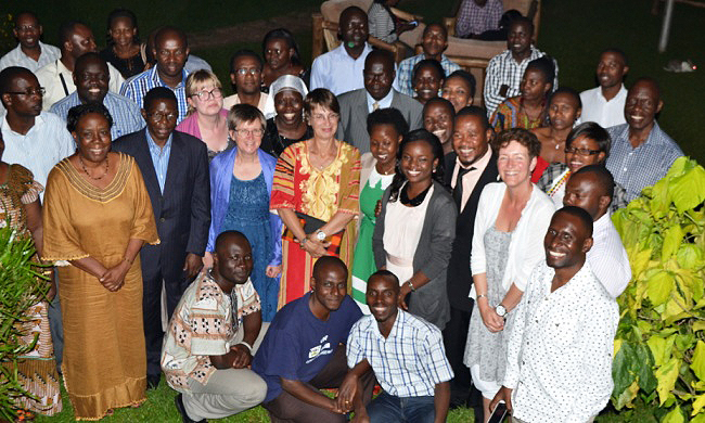 Participants in the Mak-SLU 1st Innovative Doctoral Education for Global Food Security Project pose with the DVCAA-Dr. Ernest Okello Ogwang, Director DRGT-Prof. Mukadasi Buyinza, University Librarian-Prof. Maria Musoke and SLU Staff at the Dinner, 20th June 2014, Lawns Kololo
