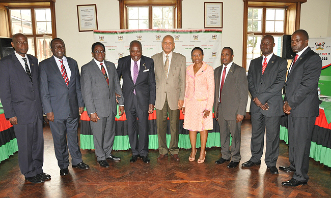 L-R: Mr. Martin Owiny, Chairperson Council-Eng. Dr. Charles Wana Etyem, VC-Prof. John Ddumba-Ssentamu, MakEF BoT Chair-Dr. Martin Aliker, Chancellor-Prof. George Mondo Kagonyera, Amb. Edith Sempala, Hon. Gerald Karuhanga, Mr. Grace Isabirye and Mr. Barnabas R. Tumusingize at the Makerere University Endowment Fund, BoT inauguration, 17th July 2014, Makerere University, Kampala Uganda