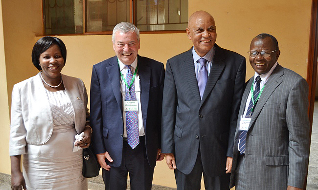 H.E. Joyce Kikafunda-Uganda's High Commissioner to the UK, Mr. Patrick Orr-SAA, Prof. George Mondo Kagonyera-Chancellor and Prof. Bernard Bashaasha-Principal, CAES, at the Mak-One Day National Symposium, 8th July 2014, CEDAT Conference Hall, Makerere University, Kampala Uganda