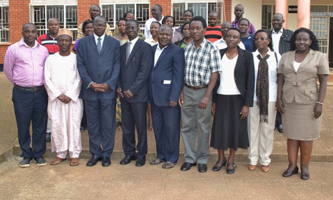 Dr. Muhammed Umar-Burutai (2nd L), DVCAA-Dr. Ernest Okello Ogwang (3rd L), Principal CHUSS-Prof. Edward Kirumira (4th L), Dr. Sani Aliyu (5th L), Prof. Edward Wamala (4th R) and partcipants in the AHP Application Preparation Workshop pose for a group photo at CoBAMS, 15th August 2014, Makerere University, Kampala Uganda