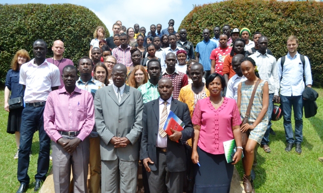 Front Row: The DVCAA-Dr. Ernest Okello Ogwang (2nd L), Mr. Charles Ssentongo-Deputy Registrar Undergraduate Admissions and Records, Ms. Martha Muwanguzi-Head International Office with International Students after the meeting on 28th August 2014, Makerere University, Kampala Uganda