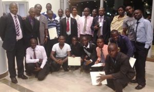 Ugandan Students pose with the Ugandan Delegation: Dr. Maud Kamatenesi-VC, Bishop Stuart Univ. (Rear 3rd R), Prof. Anthony Mugisha-CoVAB (Rear 4th R), Eng. Henry Okinyal-MoES (Rear 3rd L), Mr. Agaba Issa Mugabo-Agrostudies Coordinator (Rear L) after their Agrostudies Graduation, 3rd September 2014, Tel Aviv University, Israel