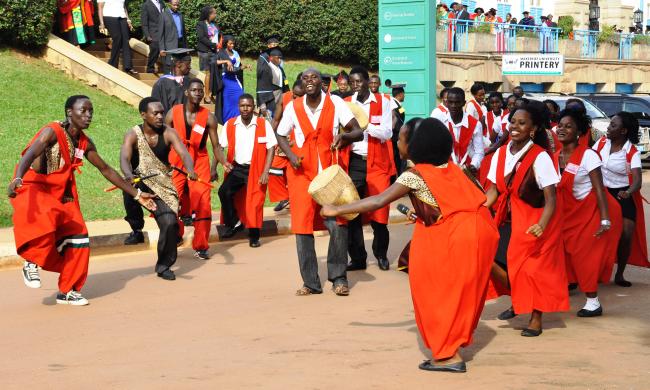 Students of Performing Arts and Film, CHUSS, lead the Academic Procession on Day1 of the 64th Graduation Ceremony, 28th January 2014, Makerere University, Kampala Uganda