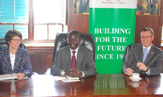 L-R: The Vice Rector for International Affairs-Prof. Anne Christine Johannesen, The Coordinator Mak-UiB collaboration and Principal, CHUSS-Professor Edward Kirumira and The Rector, University of Bergen (UiB), Professor Dag Rune Olsen upon arrival at Makerere University to sign the Mak-UiB frame agreement extension, 29th September 2014, Kampala Uganda