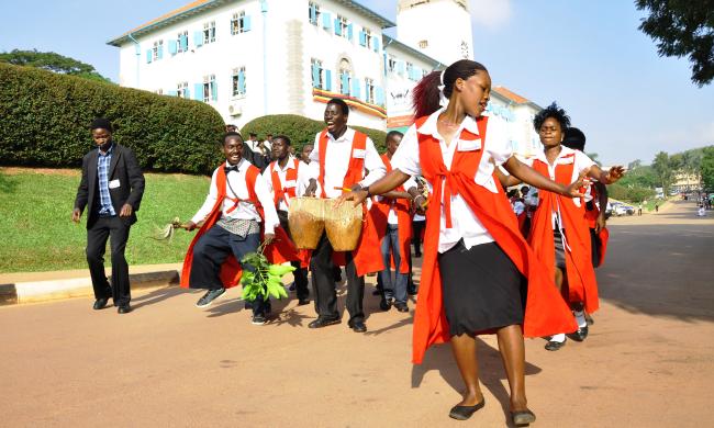 Students from the Department of Performing Arts and Film, CHUSS, lead the Academic Procession at the 64th Graduation 31st January 2014, Makerere University, Kampala Uganda