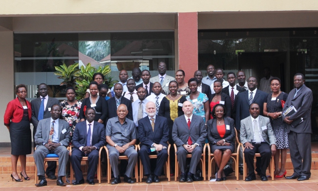 Front L-R: Prof. Christopher Garamoi Orach-MakSPH, Prof. William Bazeyo-Dean, MakSPH, Chancellor-Prof. George Mondo Kagonyera, US Ambassador-H.E. Scott DeLisi, Mr. Erik Friedley-CDC Uganda, Dr. Rhoda Wanyenze-MakSPH and Prof. Serwada-MakSPH with Graduating Fellows & MakSPH staff, 17th December 2014, Silver Springs, Kampala Uganda