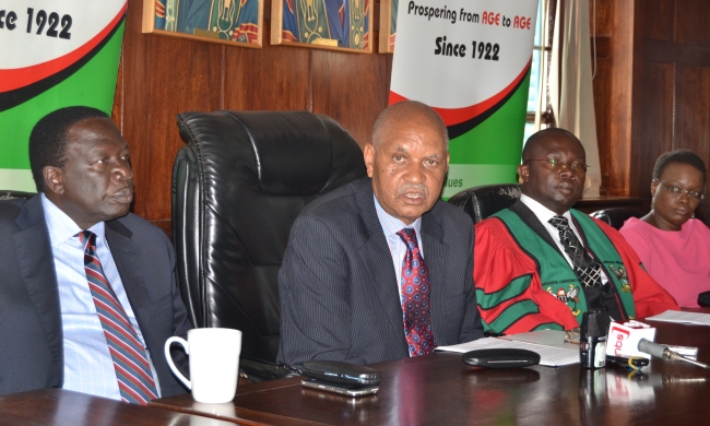 L-R: Chairperson Council-Eng. Dr. Charles Wana Etyem, Chancellor-Prof. George Mondo Kagonyera, MUASA Chair-Dr. Muhammad Kiggundu Musoke, Vice Chairperson Council-Hon. Irene Ovonji-Odida at the Press Conference, 23rd January 2015, Makerere University, Kampala Uganda