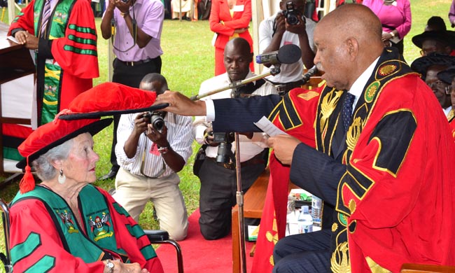 The Chancellor, Prof  George Mondo Kagonyera Doctor of Science (Honoris Causa) of Makerere University to Ms. Ruth Morris Keesling.