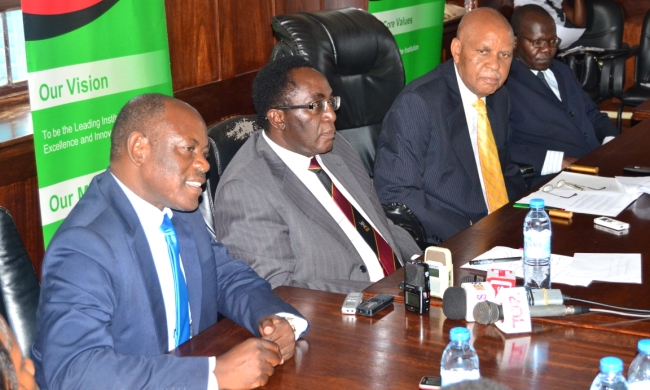 L-R: DVCFA-Prof. Barnabas Nawangwe, Vice Chancellor-Prof. John Ddumba-Ssentamu, Chancellor-Prof. George Mondo Kagonyera and DVCAA Dr. Ernest Okello Ogwang address the Media at the H.E. Mwai Kibaki Presidential Library Press Briefing, 9th Feb 2015, Makerere University, Kampala Uganda