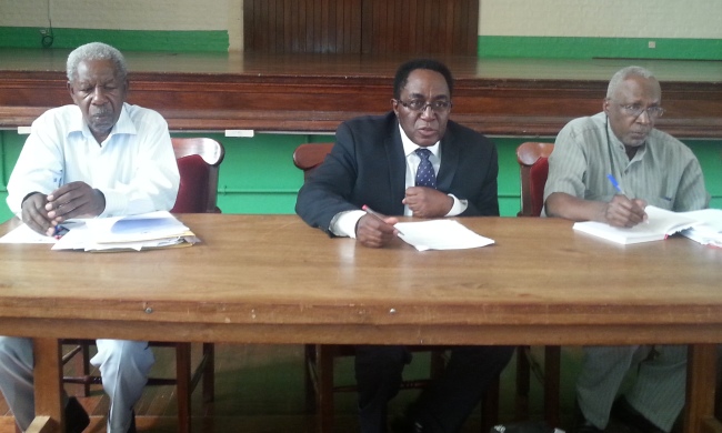 VC-Prof. John Ddumba Ssentamu (C) flanked by The Chair MUPA-Prof. James Ntozi (R) and MUPA Members addresses the Retirees' 17th AGM on 29th January 2015, Main Hall, Makerere University, Kampala Uganda