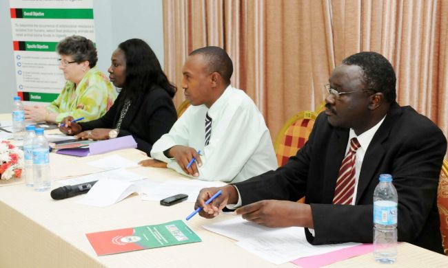 L-R: Dr. Paula Cray-NCSU, Dr. Aidara-Kane-WHO, Dr. Clovice Kankya-CoVAB and Prof. Francis Ejobi-Department of BEP, CoVAB WHO-AGISAR Pilot Project launch, 17th March 2015, Kampala Uganda