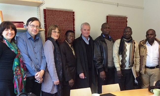 Visit to Stockholm University 4 March. From the left: Åsa Kettis, Peter Reinholdtson, Maja Elmgren, Uppsala University; Buyinza Mukadasi, Makerere University; Leif Abrahamsson, ISP; Vincent Ssembatya, Robert Ngobi and John Mango, Makerere University. Picture courtesy ISP