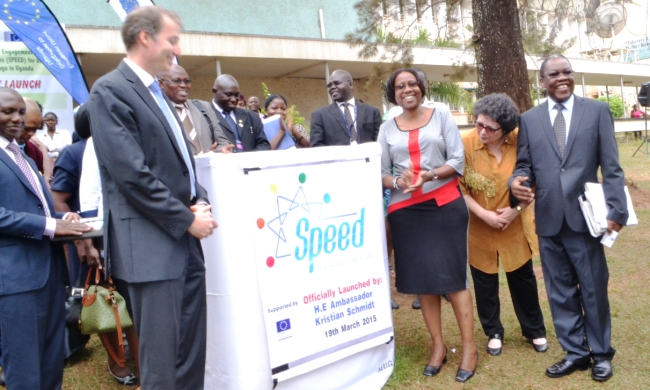 EU Head of Delegation to Uganda-Amb. Kristian Schmidt (2nd L), Director General of Health Services-Dr. Jane Ruth Aceng (3rd R), SPEED Principal Investigator-Assoc. Prof. Freddie Ssengooba with other officials at the SPEED Initiative Launch, 19th March 2015, CHS, Makerere University, Kampala Uganda