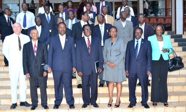 L-R: Mr. Erik Friedly-USG, Dr. Wondimagegnehu Alemu-WHO Country Rep, Hon. Dr. Elioda Tumwesigye-Minister of Health, Prof. John Ddumba-Ssentamu-VC, Dr. Jane Ruth Aceng-Dir. Gen. Health Services, Assoc. Prof. William Bazeyo-Dean MakSPH, Dr. Rhoda Wanyenze-MakSPH at the PHFP Launch, 30th April 2015, Serena Hotel, Kampala Uganda