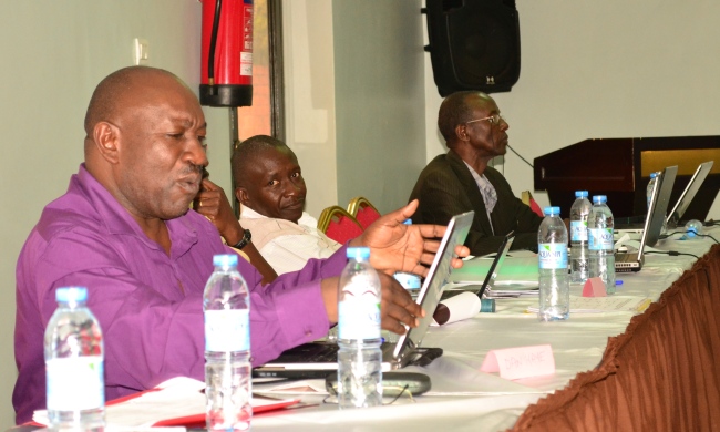 Dr. Dan Kaye-Graduate Supervisor CHS shares his experience as facilitators Mr. Sam Siminyu and Prof. C. Opolot Okurut listen during the QAD-DRGT Sida sponsored Supervisor workshop 6-8th May 2015, Piato, Kampala Uganda