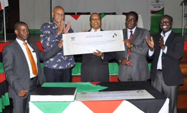 L-R: MUC Executive Member, Chancellor-Prof. Mondo Kagonyera, Guest of Honour-Rt. Hon. Apolo Nsibambi, Vice Chancellor-Prof. John Ddumba-Ssentamu and MUC Chairperson-Dr. Tanga Odoi at the Launch of MUC Projects, 30th May 2015, Main Hall, Makerere University, Kampala Uganda