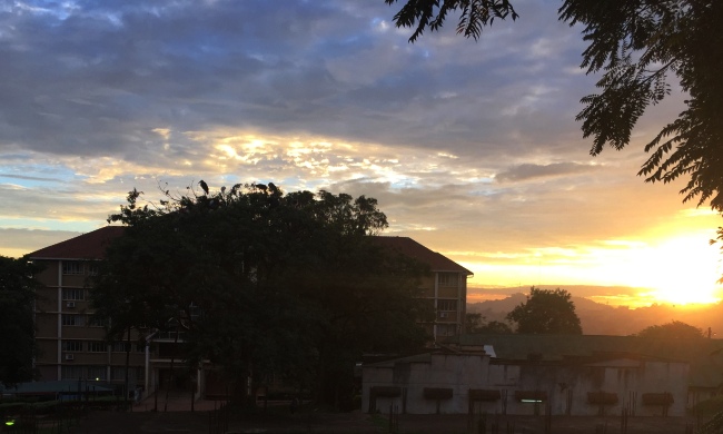 Sunrise over The Senate Building and University Bookshop, 20th April 2015, as seen from the University Road, Makerere University, Kampala Uganda