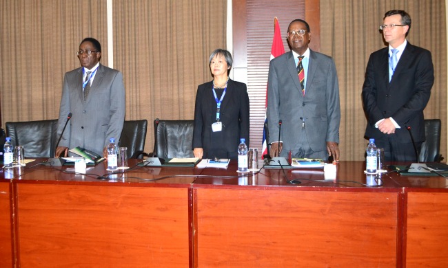 L-R: Vice Chancellor-Prof. John Ddumba-Ssentamu, Norwegian Ambassador-H.E Susan Eckey, Minister of Water and Environment-Hon. Ephraim Kamumtu and University of Bergen Rector-Prof. Dag Rune Olsen at the Climate Change and Business Conference, 12th November 2015, Kampala Uganda