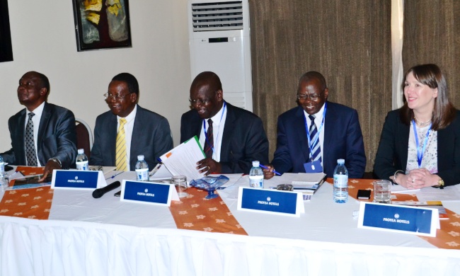 L-R: NPA Chairperson Dr. Wilberforce Kisamba Mugerwa, Minister of Water and Environment (MWE) Hon. Prof. Ephraim Kamuntu, Permanent Secretary MWE Mr. Mr. David O.O. Obong, Principal CAES Prof. Bernard Bashaasha, and CDKN Representative Ms. Claire Monkhouse at the Conference to disseminate the Economic Assessment of the Impact of Climate Change in Uganda, 24th November, 2015, Protea Hotel, Kampala Uganda