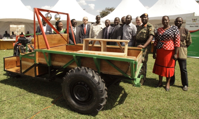 L-R: Mr. Kaddu Kiberu-Peacock Paints, Dr. Goretti Nabanoga-Dep. Principal CAES, Prof. John Ddumba-Ssentamu-VC, H.E. Amb. Zhao Yali, Gen. Salim Saleh, Prof. John Muyonga-Dean SFTNB, Prof. Noble Banadda-Principal Investigator alongside other dignitaries at the MV Mulimi Launch, 31st December 2015, MUARIK, Makerere University, Wakiso Uganda