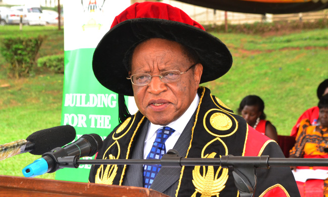 Prof. Ezra Suruma presiding over the 66th Makerere University Graduation Ceremony, his maiden ceremony as Chancellor of Makerere University.