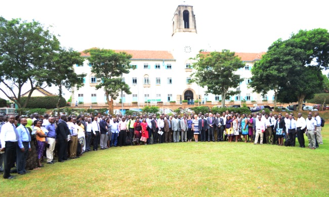 H.E. Ambassador Urban Andersson, DVCFA-Prof. Barnabas Nawangwe, Director RGT-Prof. Mukadasi Buyinza, with Officials and Recipients at the Scholarships Award Ceremony, 10th February 2016, Makerere University, Kampala Uganda