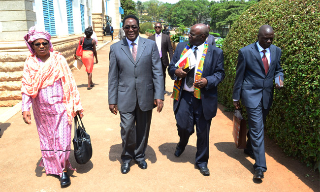 Mrs. Pauline Mazrui (L) is accompanied by Vice Chancellor, Prof. Ddumba-Ssentamu (2nd Left)  after a courtesy call in Council Room, Main Building, Makerere University.