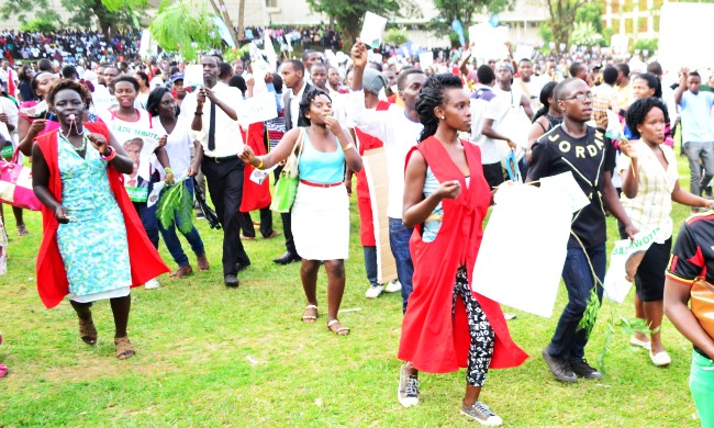 Students show their support for their respective Candidates of the 82nd Guild Election, 10th March 2016, Freedom Square, Makerere University, Kampala Uganda