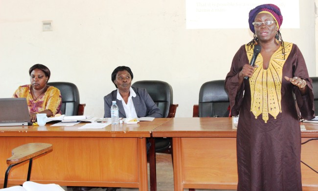 L-R: Dr. Euzobia Baine Mugisha-Manager Academic Affairs-QAD, Ms. Frances Nyachwo-Ag. Director Gender Mainstreaming, Prof. Sylvia Tamale facilitated the Students’ Sensitization and Feedback workshop on the Makerere University Policy and Regulations against Sexual Harassment, 19th April 2016, Senate Conference Hall, Makerere University, Kampala Uganda