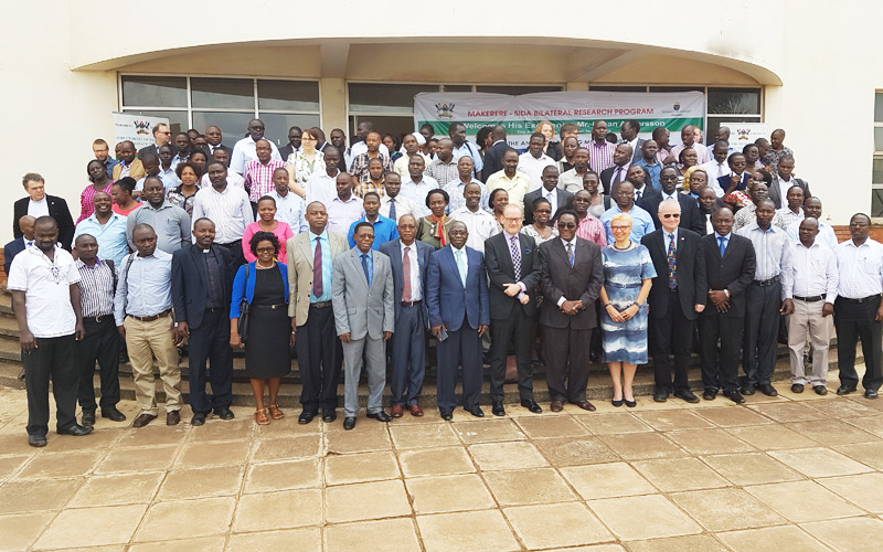 Swedish Ambassador, H.E Urban Andersson joins officials and students from the different universities in the Makerere-Sida Bilateral Research (2015-2020) in a group photo after opening the Annual Planning Meeting on Monday 25th April 2016.