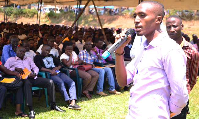 A student poses a question during Freshers Orientation in Freedom Square on 27th Aug 2015.