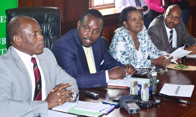 [L-R] Prof Barnabas Nawangwe- Deputy Vice Chancellor(Finance and Administration), Mr Bruce Kabaasa - Chairperson Appointments Board, Mrs Mary K Tizikara- Director Human Resources Directorate and Mr. Charles Barugahare - University Secretary.