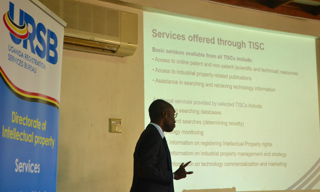 Mr James Tonny Lubwama, Senior Examiner- Patents URSB presenting at the  training workshop.