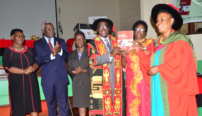 R-L: Prof. Maria Musoke, the Cabinet Minister in Charge of General Duties in the Office of the Prime Minister Mary Karooro Okurut,the Makerere University Vice Chancellor Prof. John Ddumba-Ssentamu,Lady Justice Prof. Lillian Tibatemwa-Ekirikubinza,Buganda government spokesperson and minister for Lukiiko, cabinet and administration, Denis Walusimbi Ssengendo and Hon. Dr. Miria Matembe