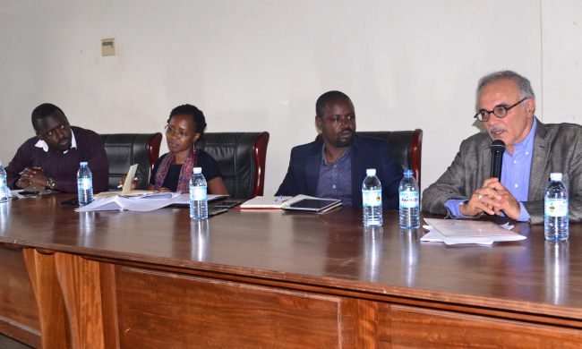 R-L: Prof. Mahmood Mamdani, Hon. Thomas Tayebwa, Dr. Sarah Ssali and Mr. Yusuf Kiranda at the South Sudan Symposium & Dialogue on sustainable peace, 26th August 2016, Makerere University, Kampala, Uganda.