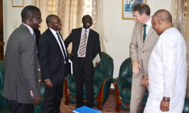 R-L: FAO Country Rep-Alhaji Momodou Jallow, EU Head of Delegatio to Uganda-H.E. Amb. Kristian Schmidt, UNFCCC National Focal Point-Hon. Chebet Maikut, Principal CAES-Prof. Bernard Bashaasha and Ag. Vice Chancellor & Principal CHUSS-Prof. Edward Kirumira at a courtesy call before the EU Climate Diplomacy Week Public Lecture, 16th Sept 2016, Makerere University, Kampala Uganda