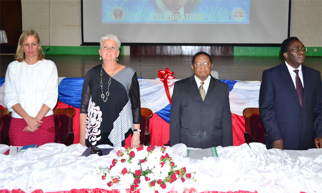 L-R Susan Parker-Burns, Public Affairs Officer at the US. Embassy, U.S Ambassador to Uganda Her Excellency Deborah R. Malac, Makerere University Chancellor Prof. Ezra Suruma and  Vice Chancellor Prof. John Ddumba-Ssentamu at the function.