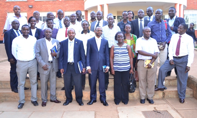 Front: Chief Guest-Dr. Henry Rubarenzya, UNRA (3rd L), Dean School of Business-Dr. Umar Kakumba (4th L), Dr. Peter Turyakira-Coordinator, Graduate Programs & Research-School of Business (R) with current and former students as well as industry stakeholders after the 3rd Study Tour Dissemination Seminar, 14th October 2016, School of Business, CoBAMS, Makerere University, Kampala Uganda